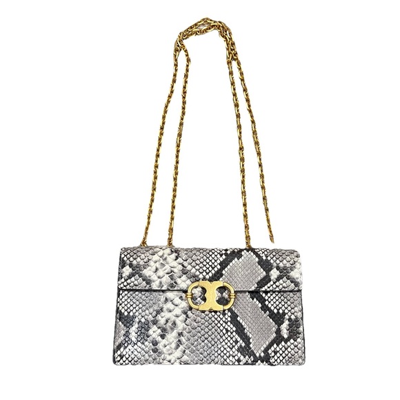 Tory Burch Gemini Link Chain Embossed Crossbody Bag Snakeskin Natural Leather - Picture 1 of 13